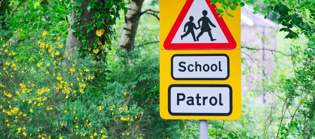School sign on a UK road
