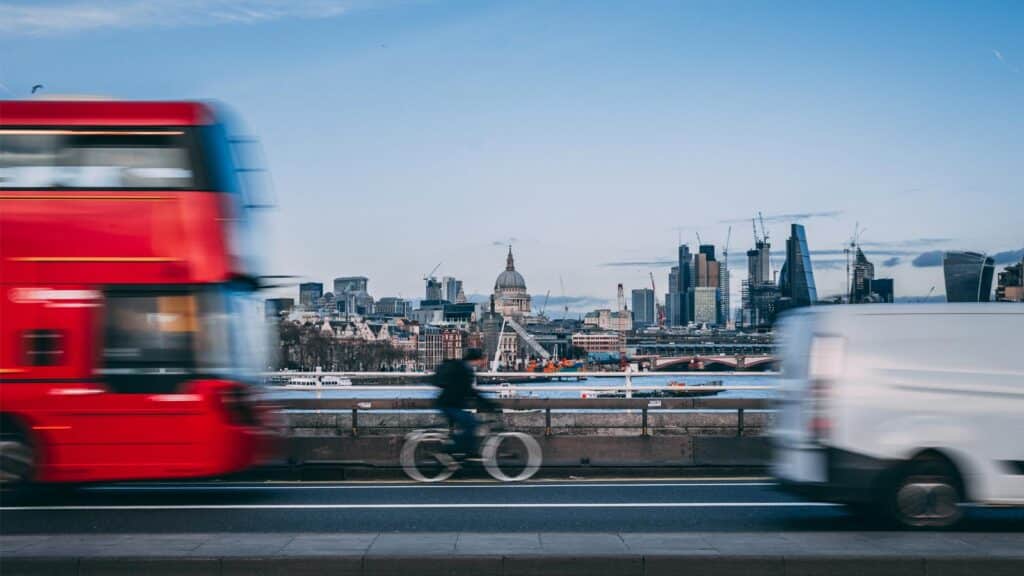 Road in London with bus and cyclist